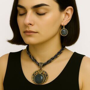 Layered Gold-Tone Beaded Necklace Set with Circle Pendant & Matching Earrings